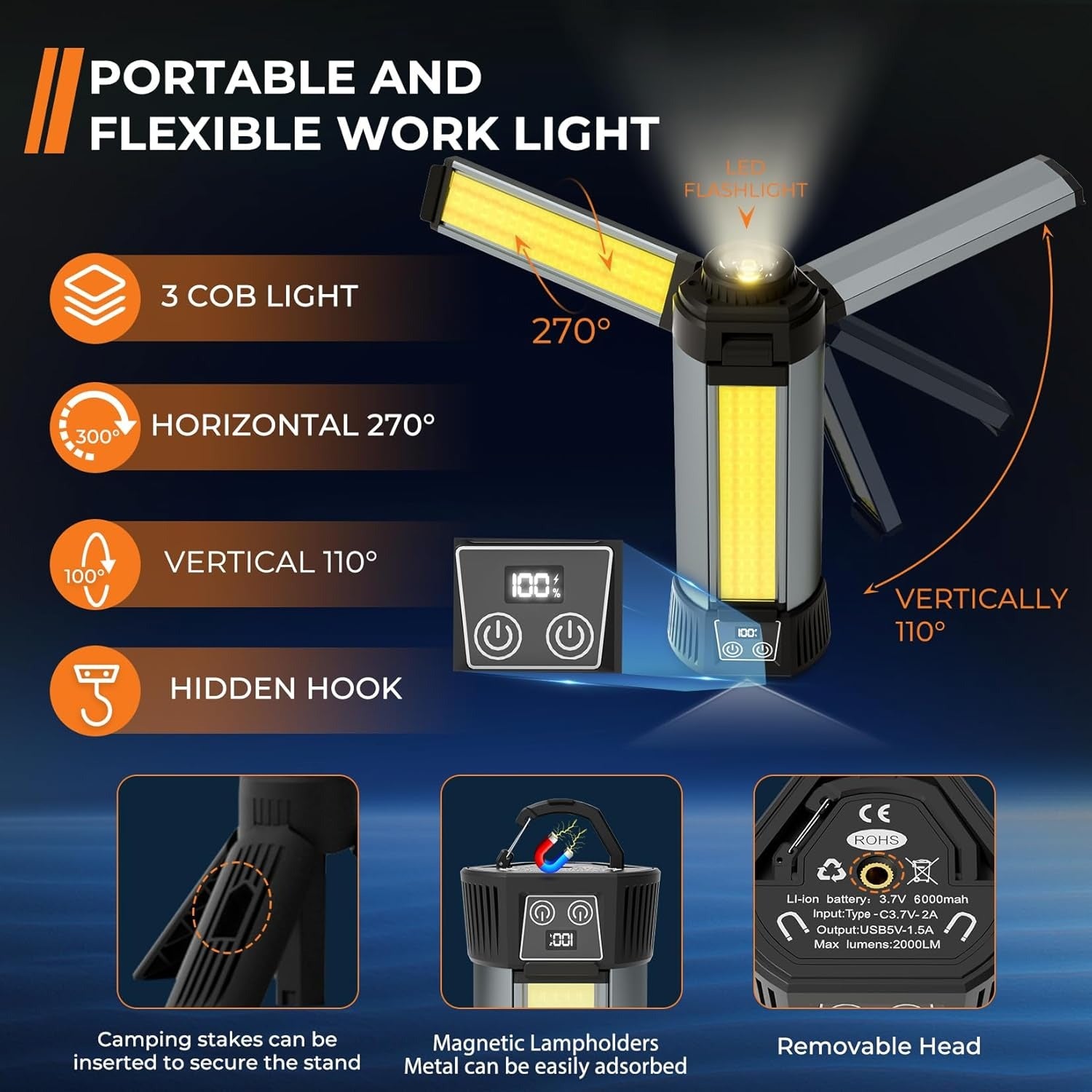 ZANOID Rechargeable LED Work Light with Telescopic Stand (2000 Lumens)
