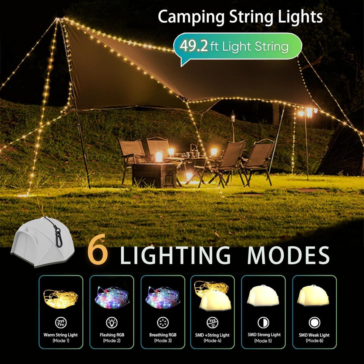 ZANOID Rechargeable Camping String Lights | 49.2ft LED, 6 Modes, USB-C | Waterproof for Tent, Patio & Christmas Decor - ZANOID String Lights