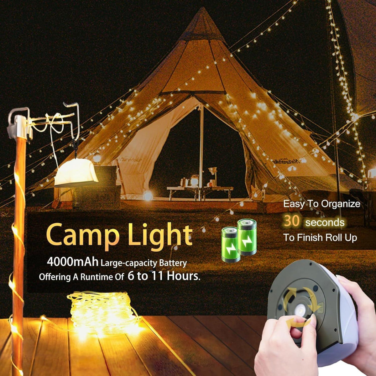 ZANOID Rechargeable Camping String Lights | 49.2ft LED, 6 Modes, USB-C | Waterproof for Tent, Patio & Christmas Decor - ZANOID String Lights