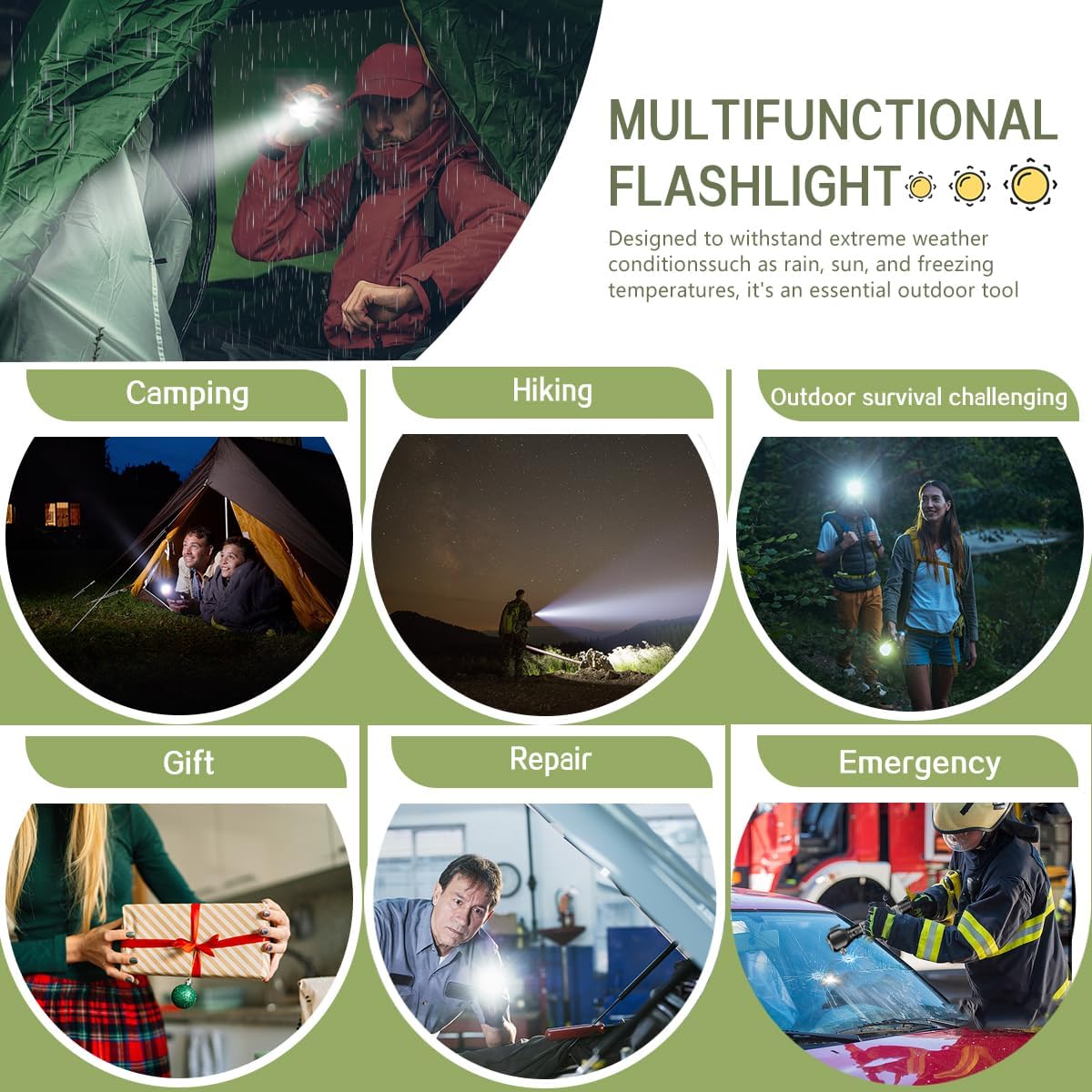 ZANOID Solar Rechargeable Tactical Flashlight | LED with Glass Breaker & Seatbelt Cutter | Waterproof for Camping & Car Emergency - ZANOID Camping Lights